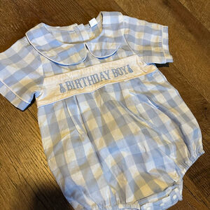 Baby Blue White Gingham Birthday smocked Bodysuit 12-18 Months